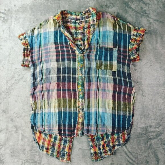 Pilcro Anthropologie Women’s Top XS Multicolor Plaid Button Boho Crinkle Y2K - Picture 1 of 12